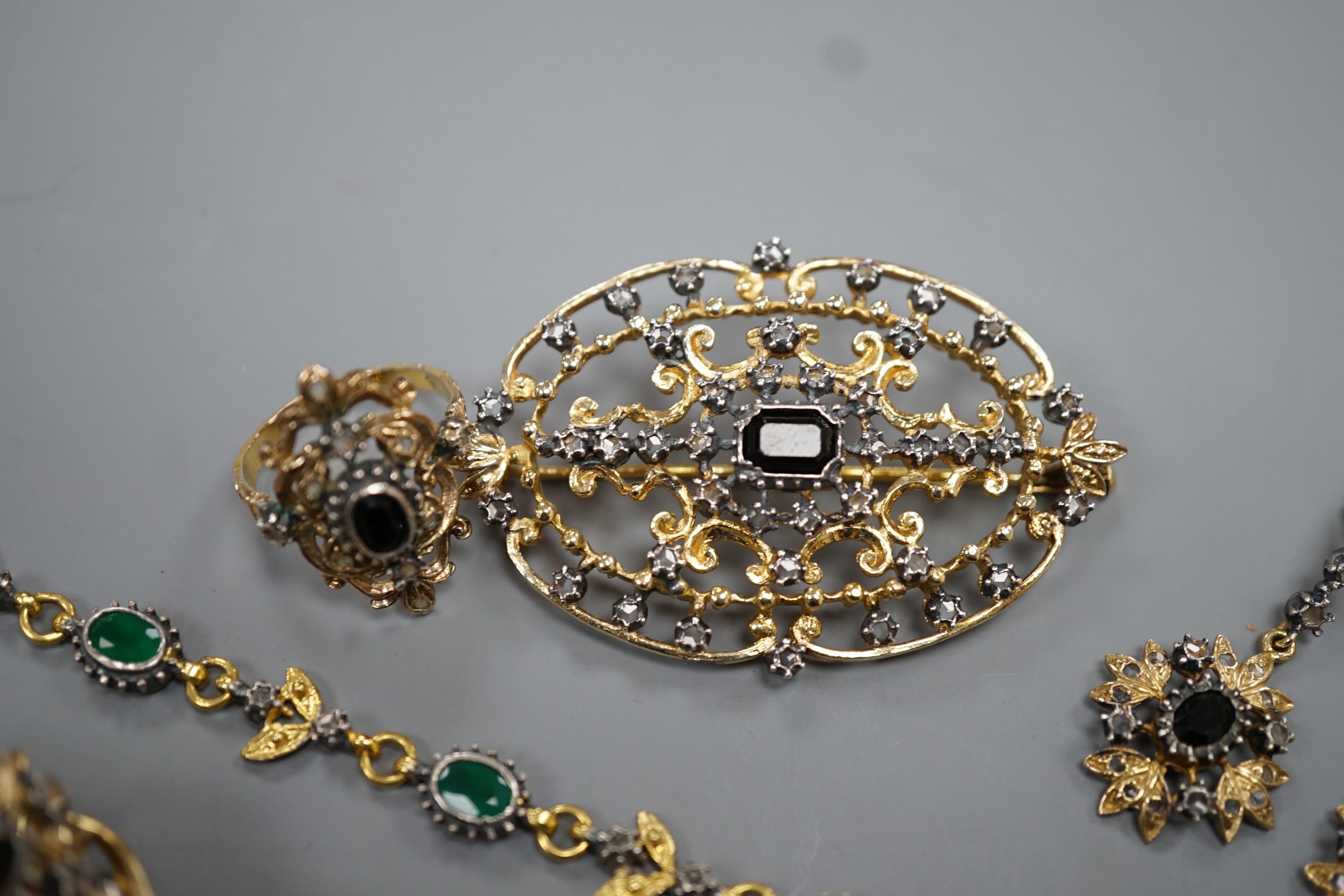 Six items of modern 925 gilt white metal jewellery, including bracelet, ring and pair of earrings.